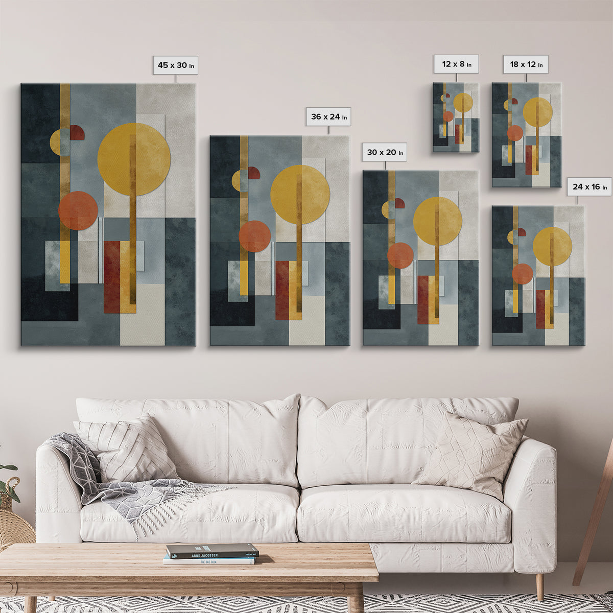 Geometric Bauhaus Grayscale Shapes Framed Canvas Print, Black and White Art, Digital Art, Living Room Decor, Abstract Art, BAW-2x3-98
