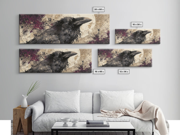 Ink Splatter Raven Composition Framed Canvas Print, Black and White Art, Photography Prints, Living Room Decor, Monochrome, BAW-3x1-12