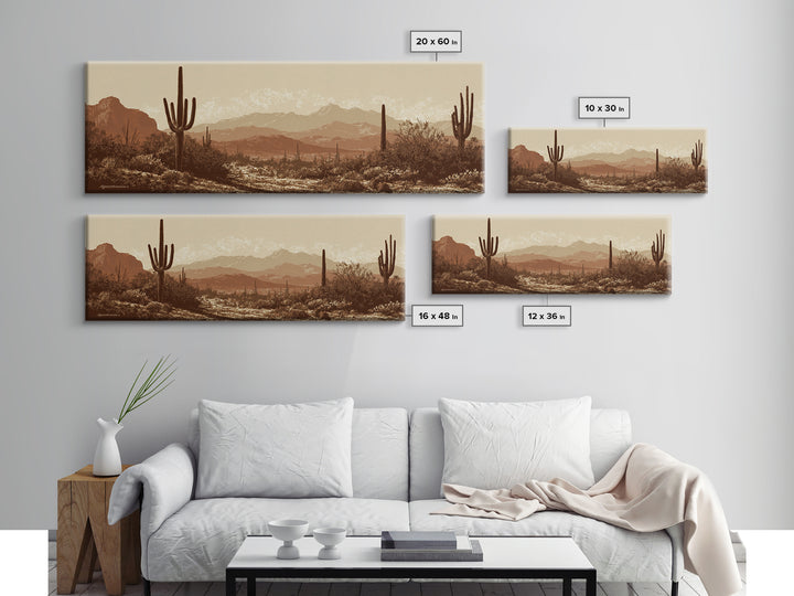 Monochrome Desert Cactus Silhouette Canvas Print, Black and White Art, Apartment Decor, Living Room Decor, Oil Painting, BAW-3x1-13
