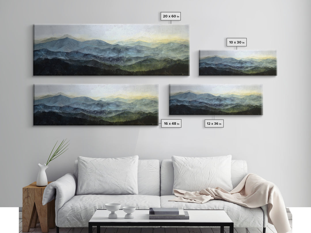 Black Ink Mountain Range Framed Canvas Print, Black and White Art, Large Wall Art, Living Room Decor, Fine Art, Monochrome, BAW-3x1-18