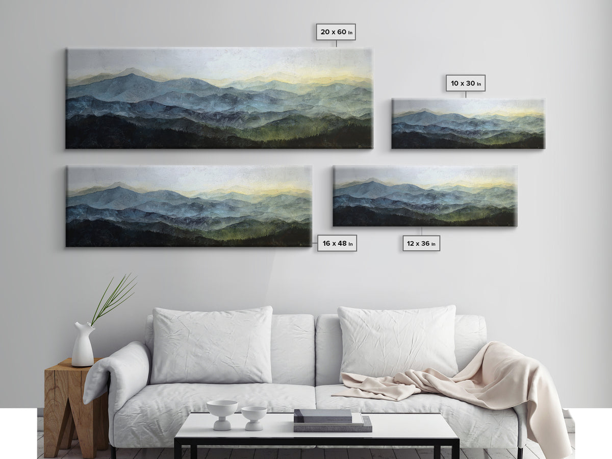 Black Ink Mountain Range Framed Canvas Print, Black and White Art, Large Wall Art, Living Room Decor, Fine Art, Monochrome, BAW-3x1-18
