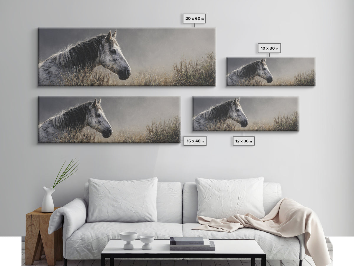 Black and White Wild Horse Portrait Canvas Print, Black and White Art, Photography Prints, Living Room Decor, Monochrome, BAW-3x1-21