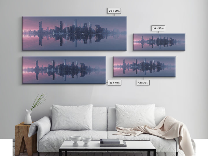 Monochrome City Skyline Reflected Canvas Print, Black and White Art, Textured Painting, Living Room Decor, Monochrome, BAW-3x1-27