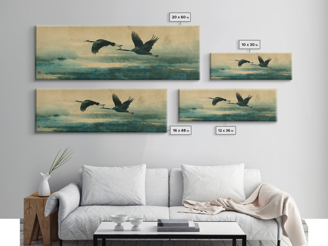Black Ink Crane Flying Across Empty Sky Canvas Print, Black and White Art, Modern Wall Art, Living Room Decor, Oil Painting, BAW-3x1-29