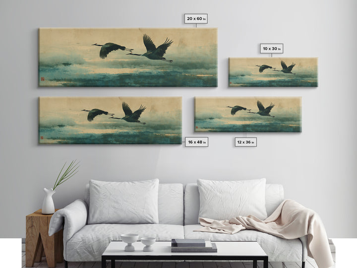 Black Ink Crane Flying Across Empty Sky Canvas Print, Black and White Art, Modern Wall Art, Living Room Decor, Oil Painting, BAW-3x1-29