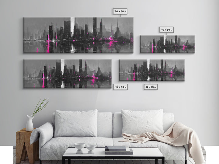 Monochrome City Skyline Reflected Canvas Print, Black and White Art, Fine Art Print, Living Room Decor, Abstract Art, BAW-3x1-3