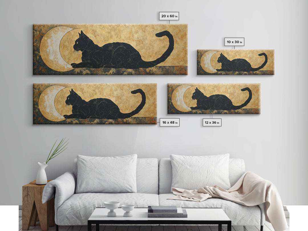 Black Cat Silhouette Framed Canvas Print, Black and White Art, Photo Prints, Living Room Decor, Watercolor Art, Monochrome, BAW-3x1-32