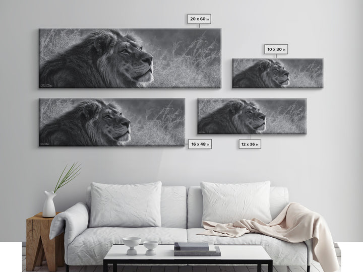 Dramatic Black and White Lion Portrait Canvas Print, Black and White Art, Canvas Print, Living Room Decor, Fine Art, Monochrome, BAW-3x1-33
