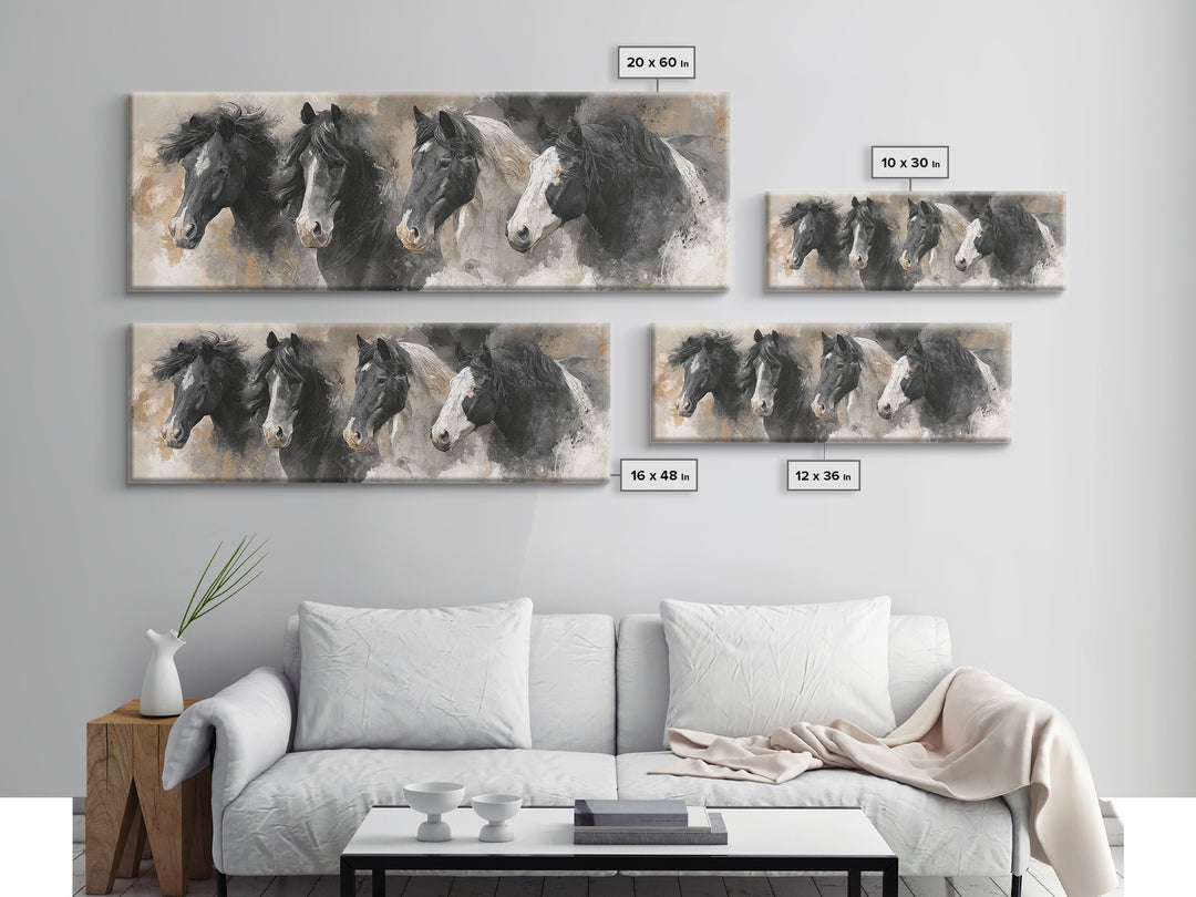 Black and White Wild Horse Portrait Canvas Print, Black and White Art, Photography Prints, Living Room Decor, Monochrome, BAW-3x1-45