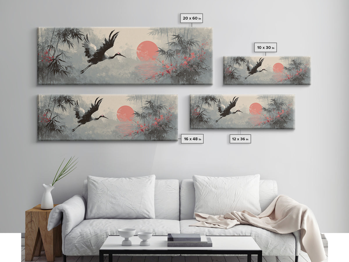 Black Ink Crane Flying Across Empty Sky Canvas Print, Black and White Art, Abstract Art, Living Room Decor, Monochrome, BAW-3x1-5