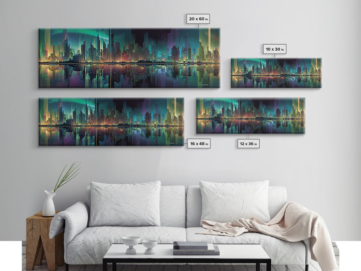 Monochrome City Skyline Reflected Framed Canvas Print, Black and White Art, Art Print, Living Room Decor, Fine Art, Monochrome, BAW-3x1-51