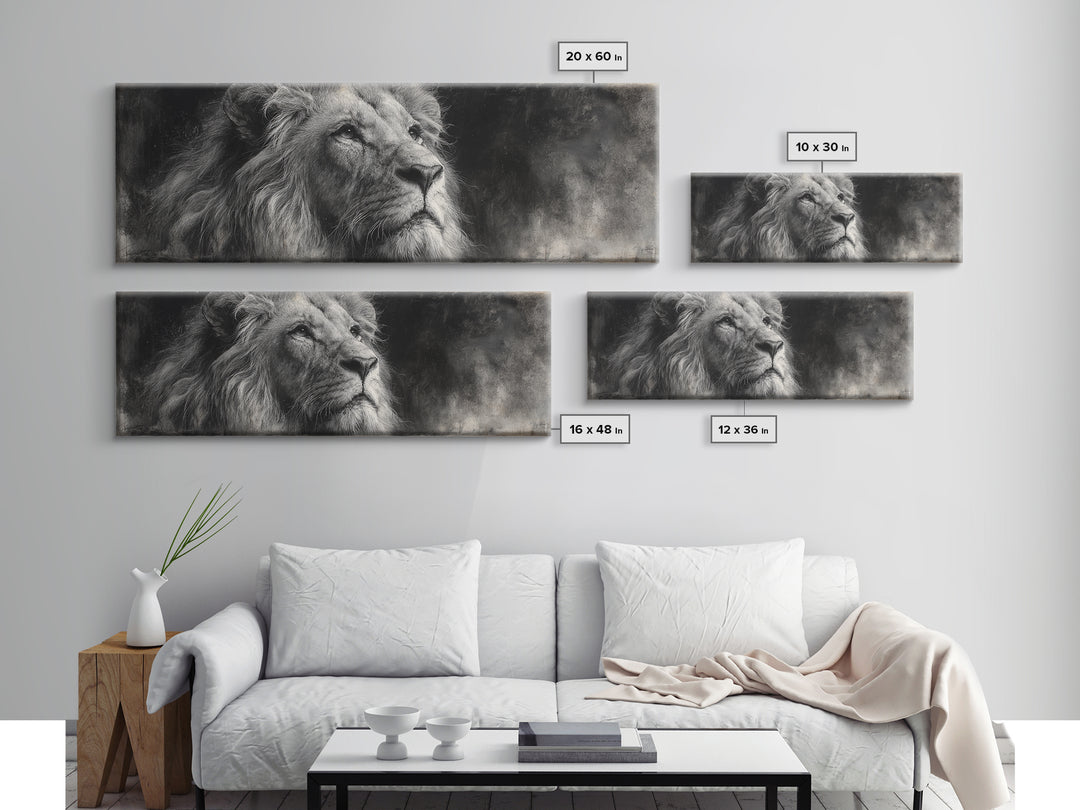 Dramatic Black and White Lion Portrait Framed Canvas Print, Black and White Art, Cabin Decor, Living Room Decor, Monochrome, BAW-3x1-57