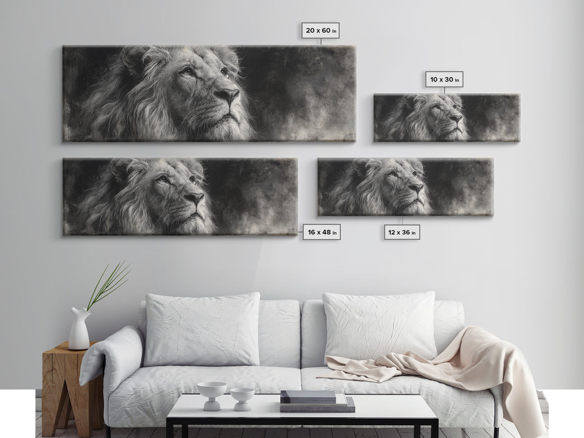 Dramatic Black and White Lion Portrait Framed Canvas Print, Black and White Art, Cabin Decor, Living Room Decor, Monochrome, BAW-3x1-57
