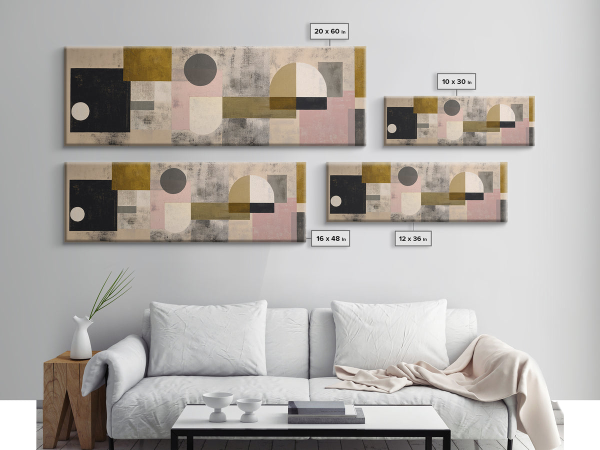 Geometric Bauhaus Grayscale Shapes Framed Canvas Print, Black and White Art, Apartment Decor, Living Room Decor, Monochrome, BAW-3x1-58