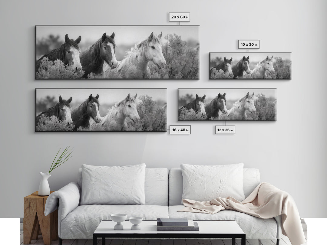 Black and White Wild Horse Portrait Framed Canvas Print, Black and White Art, Gallery Decor, Living Room Decor, Monochrome, BAW-3x1-69