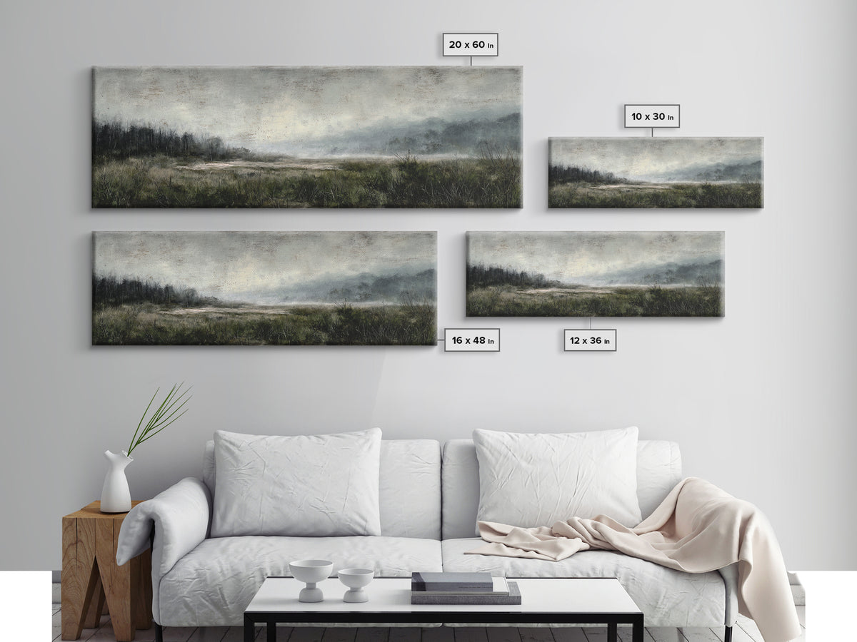 Moody Foggy Forest Canvas Print, Black and White Art, Gothic Decor, Living Room Decor, Oil Painting, Monochrome, BAW-3x1-71
