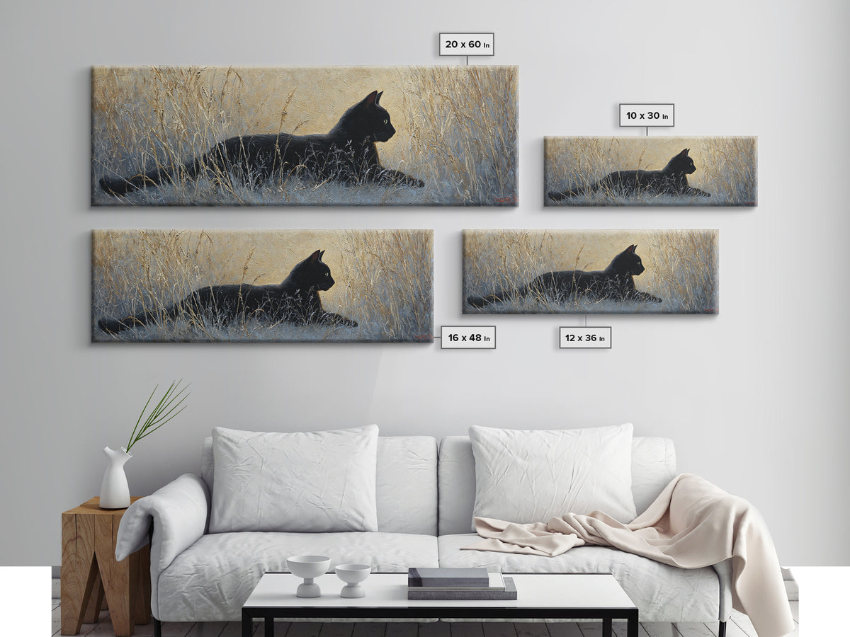 Black Cat Silhouette Canvas Print, Black and White Art, Digital Prints, Living Room Decor, Fine Art, Monochrome, Wood Wall Art, BAW-3x1-80