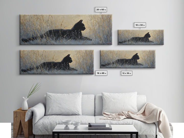 Black Cat Silhouette Canvas Print, Black and White Art, Digital Prints, Living Room Decor, Fine Art, Monochrome, Wood Wall Art, BAW-3x1-80