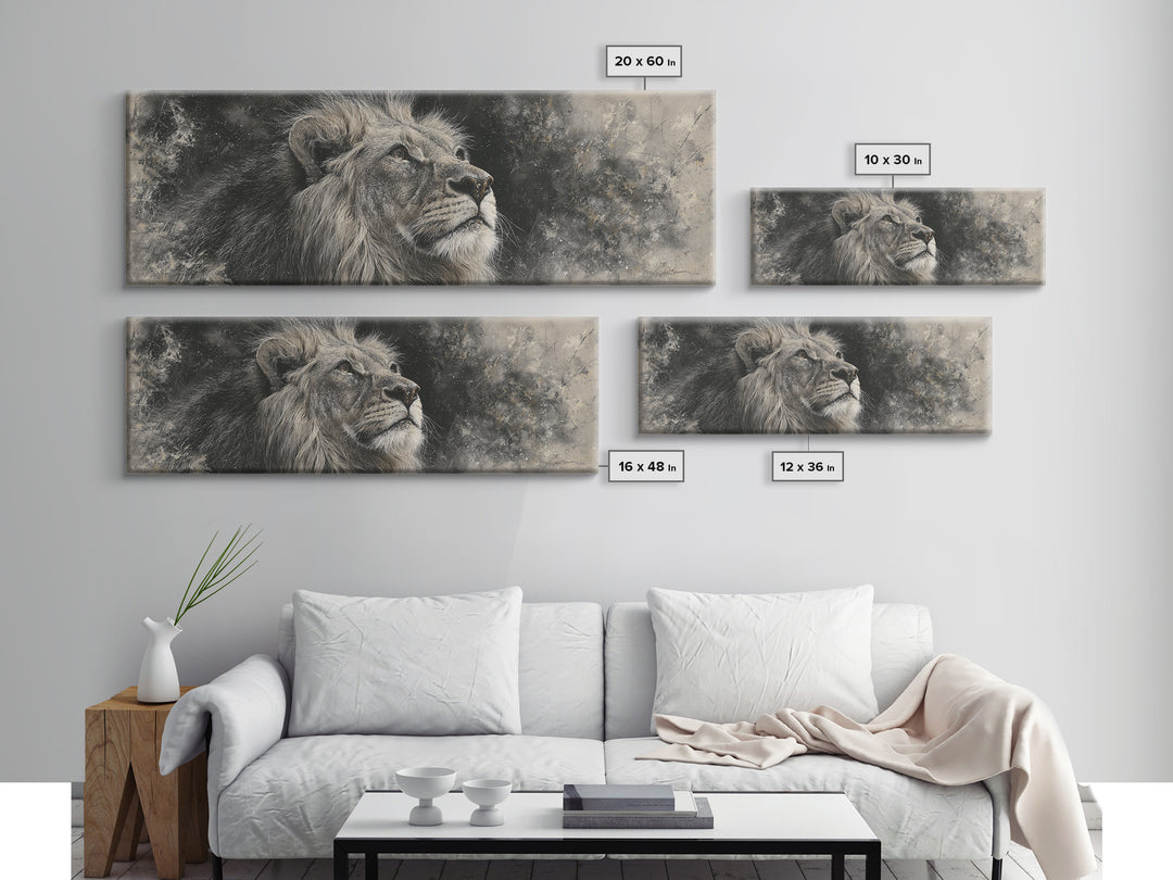 Dramatic Black and White Lion Portrait Framed Canvas Print, Black and White Art, Cabin Decor, Living Room Decor, Monochrome, BAW-3x1-81
