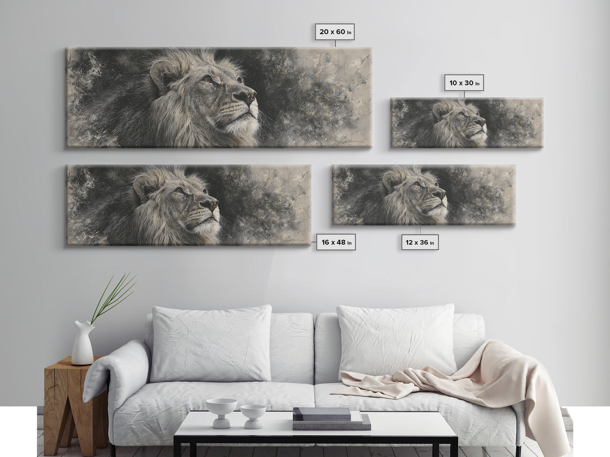 Dramatic Black and White Lion Portrait Framed Canvas Print, Black and White Art, Cabin Decor, Living Room Decor, Monochrome, BAW-3x1-81