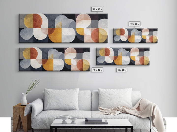 Geometric Bauhaus Grayscale Shapes Framed Canvas Print, Black and White Art, Apartment Decor, Living Room Decor, Monochrome, BAW-3x1-82
