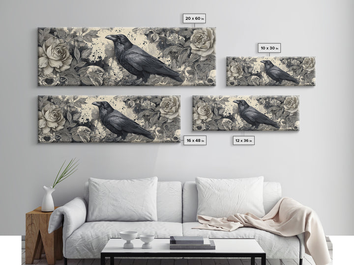 Ink Splatter Raven Composition Framed Canvas Print, Black and White Art, Halloween Decor, Living Room Decor, Monochrome, BAW-3x1-84