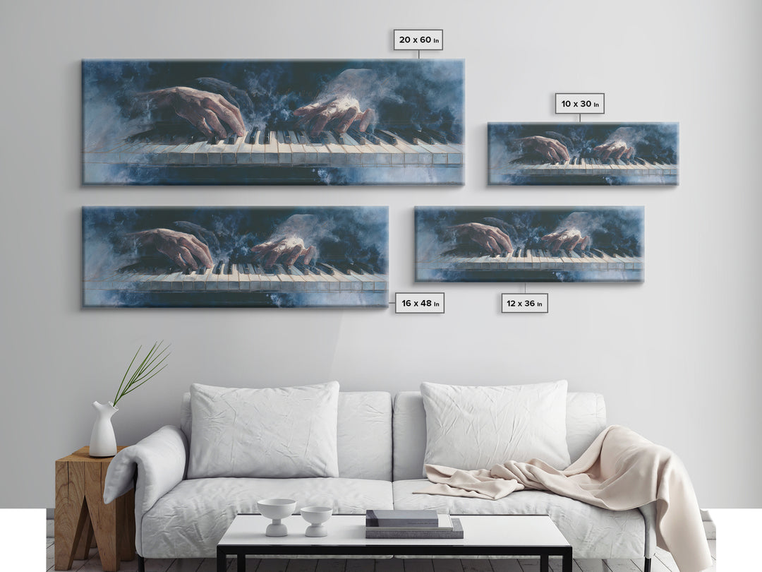 Piano Keys and Hands Canvas Print, Black and White Art, Abstract Art, Living Room Decor, Watercolor Art, Monochrome, BAW-3x1-86