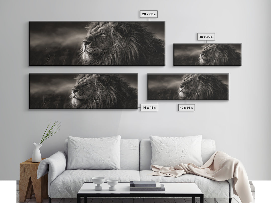 Dramatic Black and White Lion Portrait Framed Canvas Print, Black and White Art, Wood Wall Art, Living Room Decor, Monochrome, BAW-3x1-9
