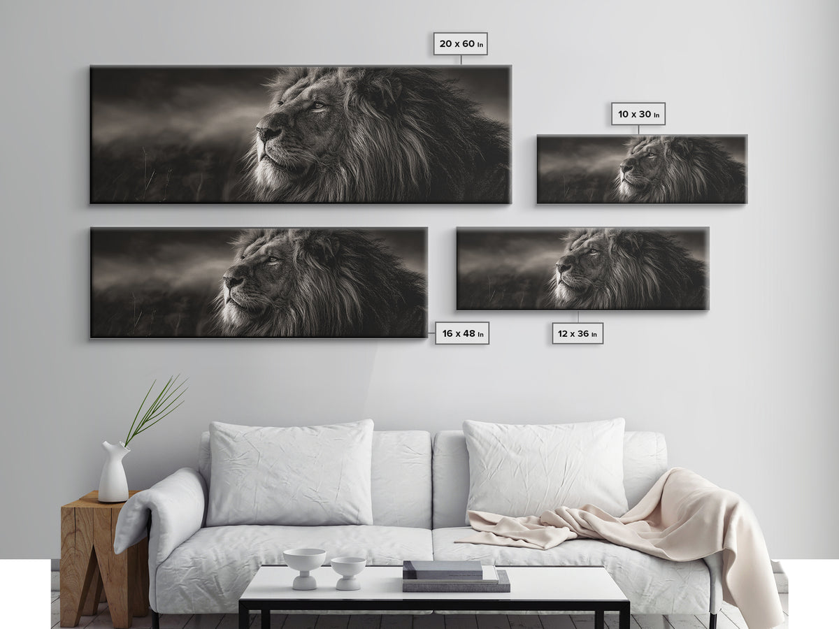 Dramatic Black and White Lion Portrait Framed Canvas Print, Black and White Art, Wood Wall Art, Living Room Decor, Monochrome, BAW-3x1-9