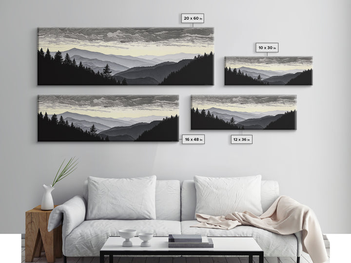 Black Ink Mountain Range Framed Canvas Print, Black and White Art, Photography Prints, Living Room Decor, Watercolor Art, BAW-3x1-90