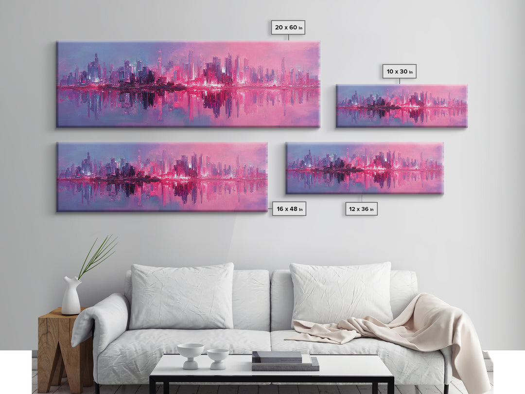 Monochrome City Skyline Reflected Framed Canvas Print, Black and White Art, Art Print, Living Room Decor, Fine Art, Monochrome, BAW-3x1-99