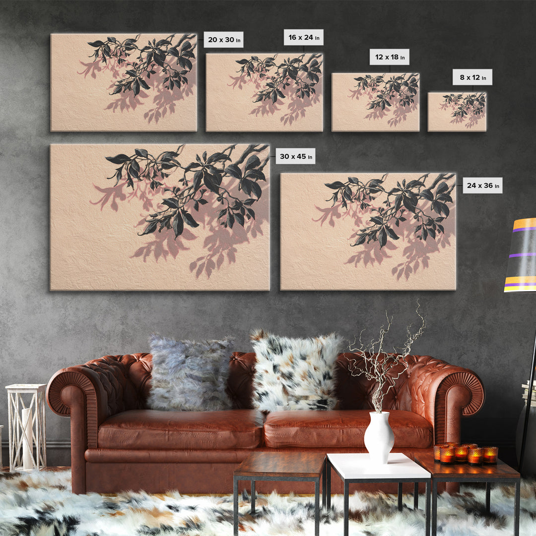 Minimal Botanical Branch Framed Canvas Print, Black and White Art, Apartment Decor, Living Room Decor, Oil Painting, Monochrome, BAW-3x2-10