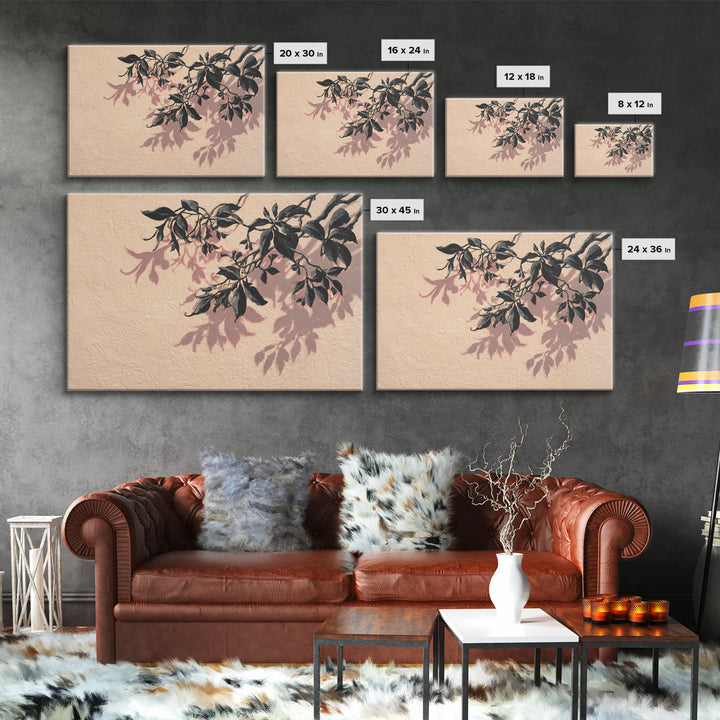 Minimal Botanical Branch Framed Canvas Print, Black and White Art, Apartment Decor, Living Room Decor, Oil Painting, Monochrome, BAW-3x2-10