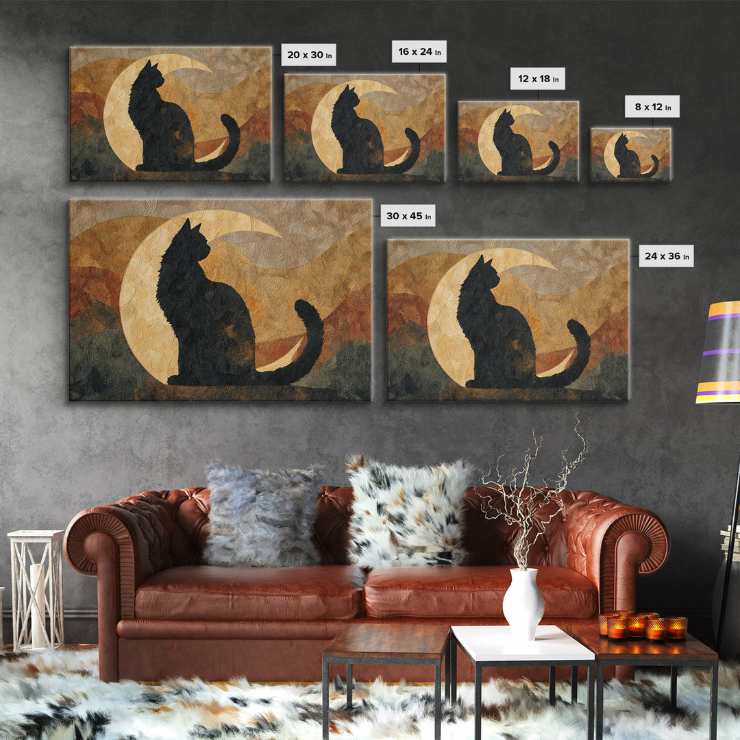 Black Cat Silhouette Framed Canvas Print, Black and White Art, Retro Wall Art, Living Room Decor, Fine Art, Monochrome, BAW-3x2-20