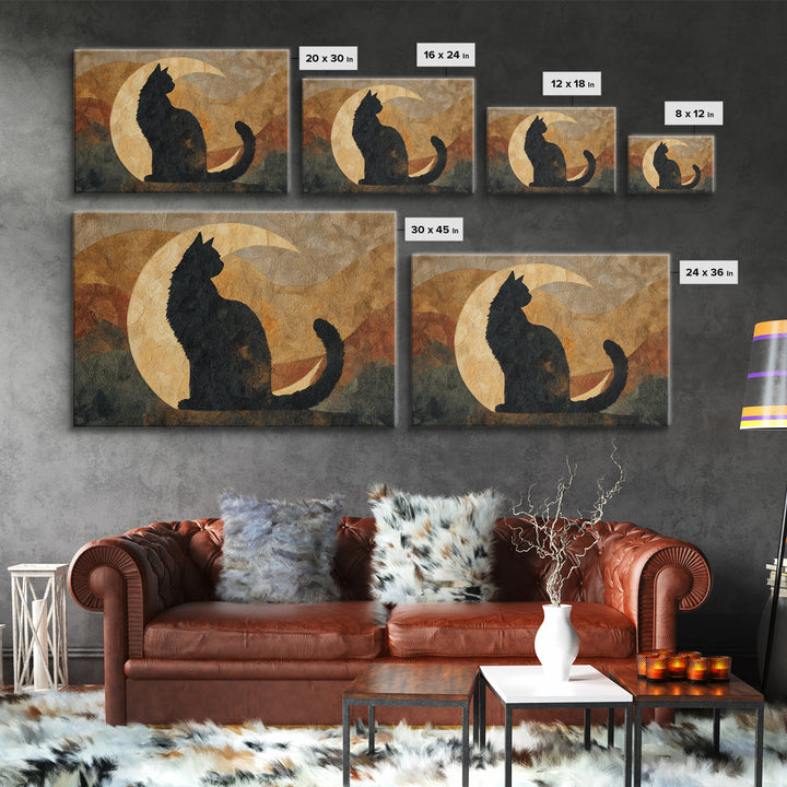 Black Cat Silhouette Framed Canvas Print, Black and White Art, Retro Wall Art, Living Room Decor, Fine Art, Monochrome, BAW-3x2-20