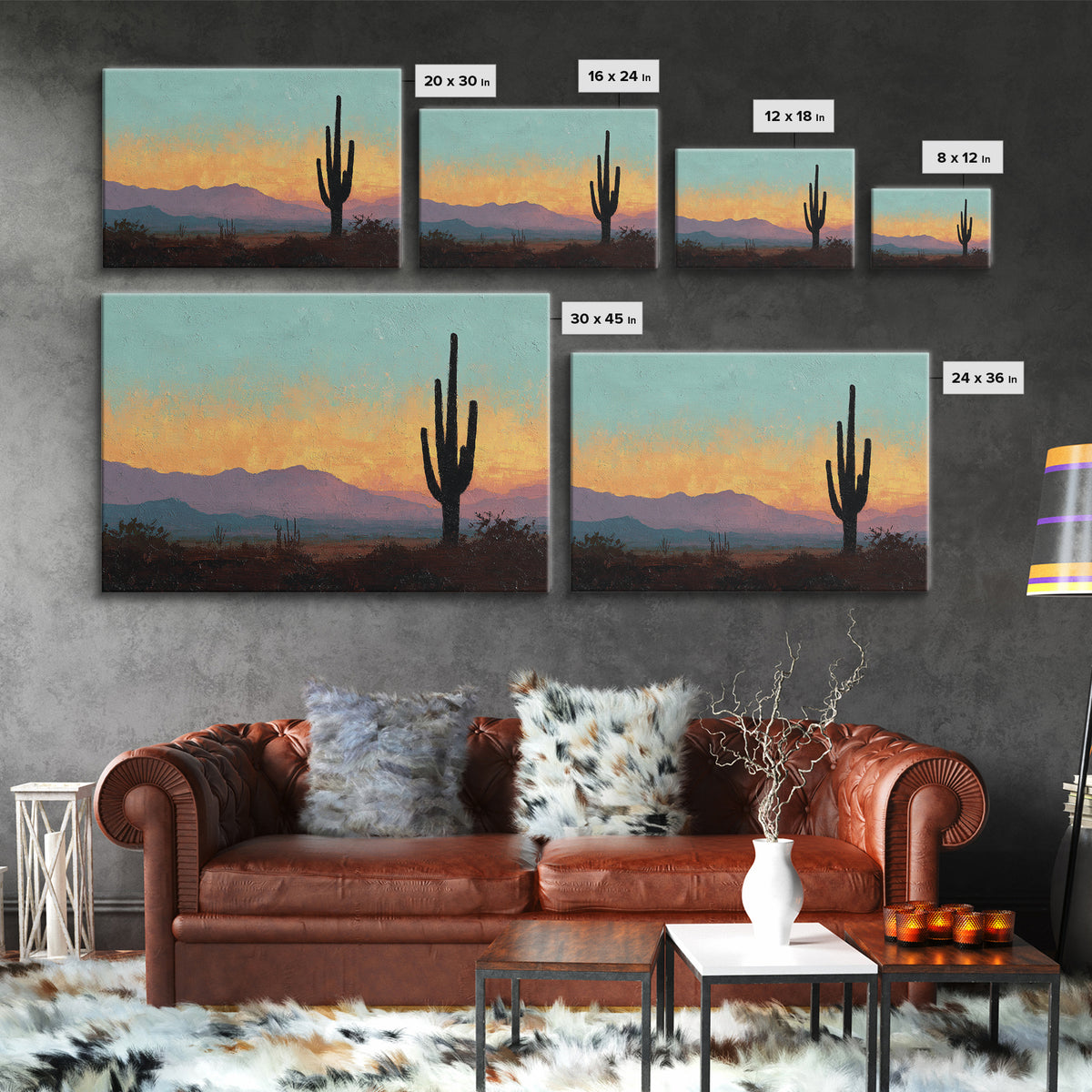 Monochrome Desert Cactus Silhouette Framed Canvas Print, Black and White Art, Set of 3 Prints, Living Room Decor, Monochrome, BAW-3x2-25