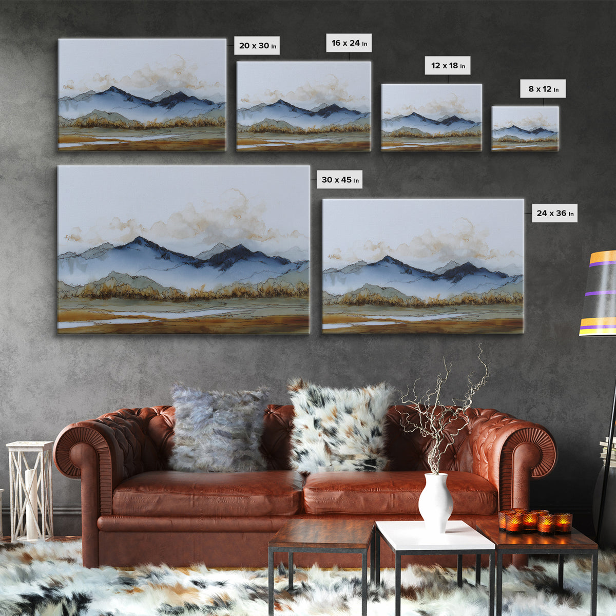 Black Ink Mountain Range Canvas Print, Black and White Art, Canvas Print, Living Room Decor, Oil Painting, Monochrome, BAW-3x2-30