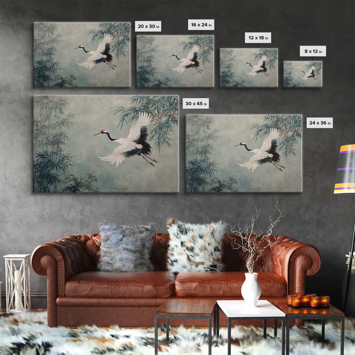 Black Ink Crane Flying Across Empty Sky Canvas Print, Black and White Art, Photo Prints, Living Room Decor, Monochrome, BAW-3x2-41