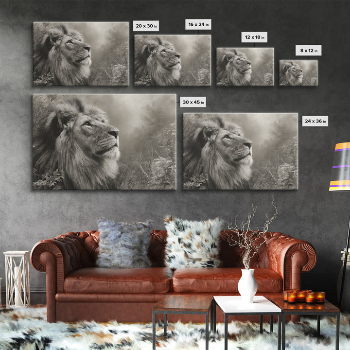 Dramatic Black and White Lion Portrait Framed Canvas Print, Black and White Art, Gallery Decor, Living Room Decor, Monochrome, BAW-3x2-69