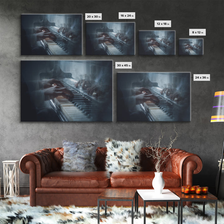 Piano Keys and Hands Framed Canvas Print, Black and White Art, Modern Wall Art, Living Room Decor, Oil Painting, Monochrome, BAW-3x2-74