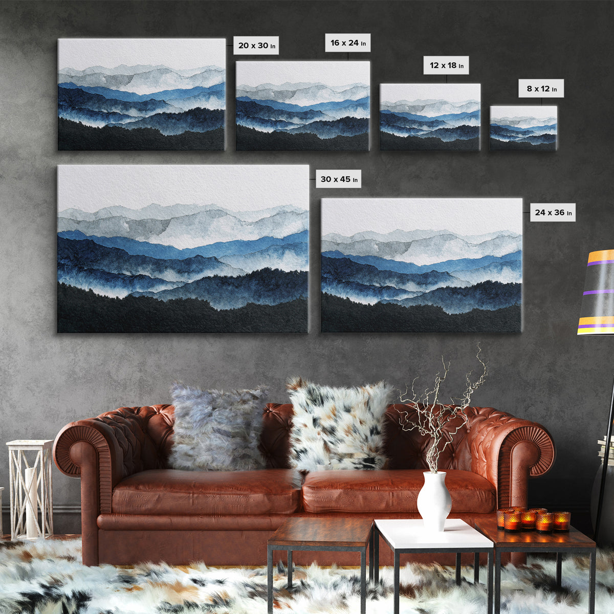 Black Ink Mountain Range Framed Canvas Print, Black and White Art, Cabin Decor, Living Room Decor, Fine Art, Monochrome, BAW-3x2-78