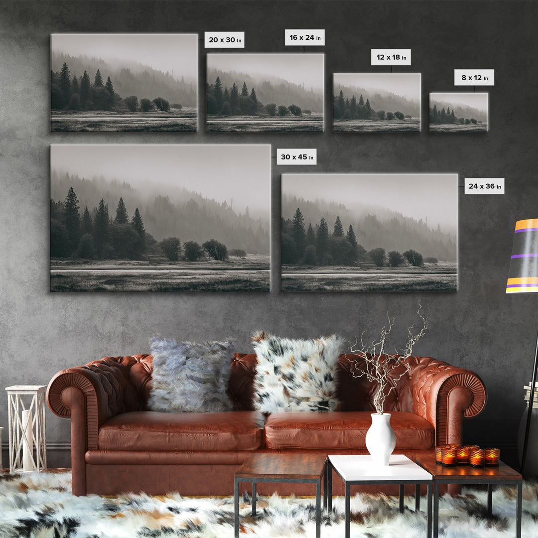 Moody Foggy Forest Canvas Print, Black and White Art, Gothic Decor, Living Room Decor, Oil Painting, Monochrome, BAW-3x2-83