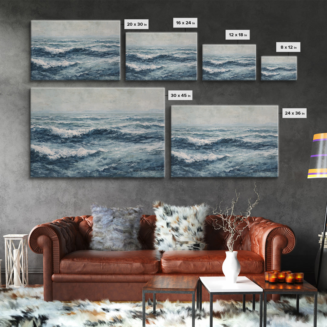Stormy Ocean Wave Framed Canvas Print, Black and White Art, Retro Wall Art, Living Room Decor, Monochrome, Luxury Decor, BAW-3x2-86