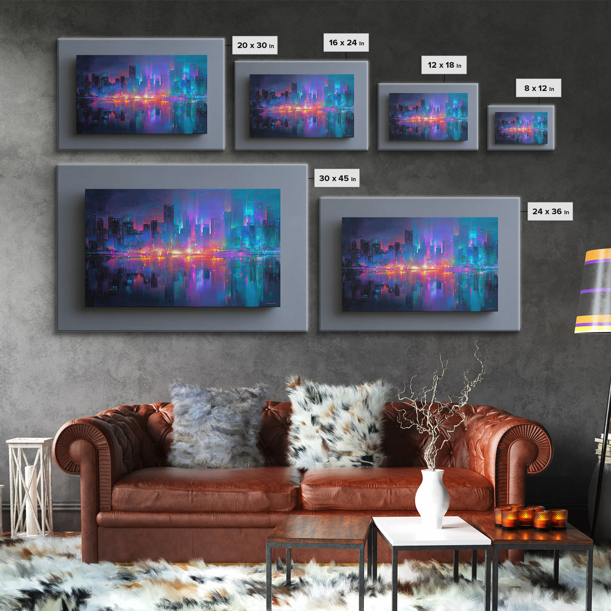 Monochrome City Skyline Reflected Framed Canvas Print, Black and White Art, Art, Living Room Decor, Fine Art, Monochrome, BAW-3x2-87