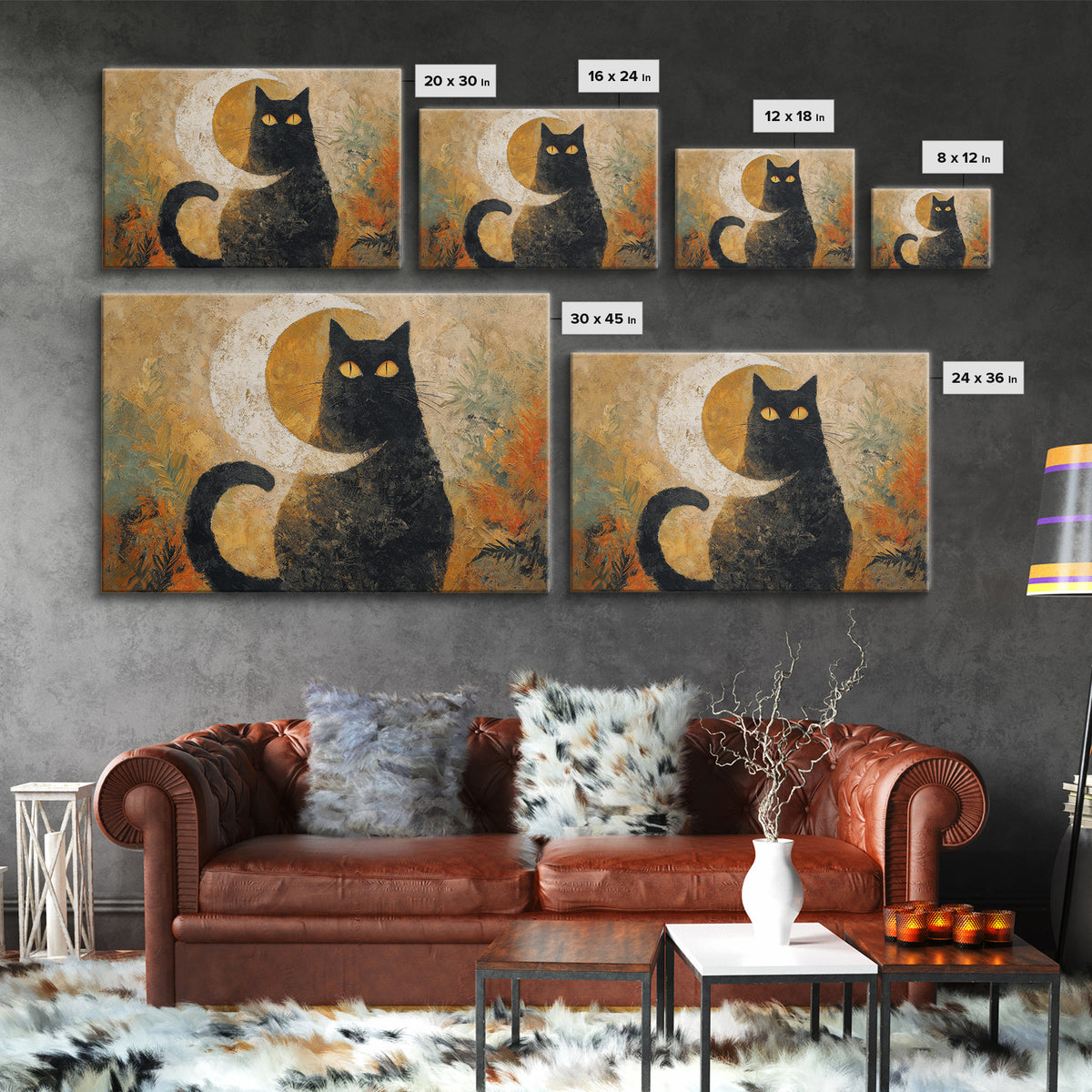 Black Cat Silhouette Framed Canvas Print, Black and White Art, Digital Prints, Living Room Decor, Fine Art, Monochrome, BAW-3x2-92