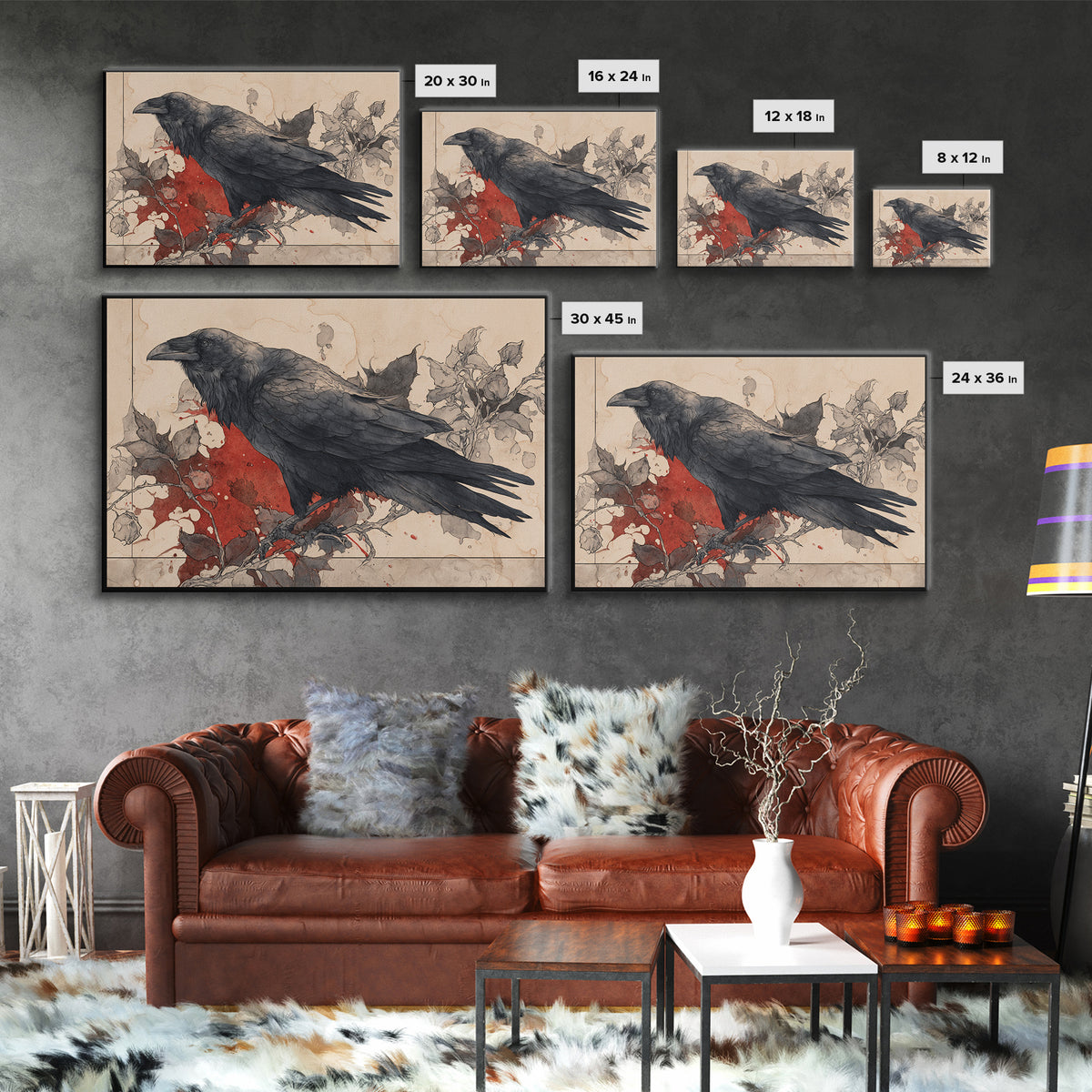Ink Splatter Raven Composition Framed Canvas Print, Black and White Art, Halloween Decor, Living Room Decor, Monochrome, BAW-3x2-96