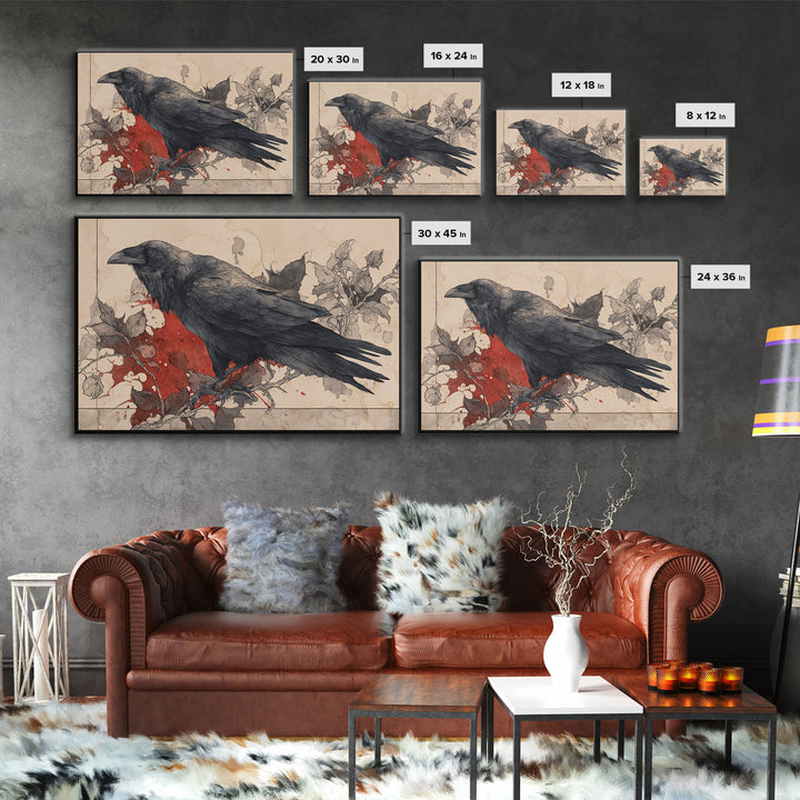 Ink Splatter Raven Composition Framed Canvas Print, Black and White Art, Halloween Decor, Living Room Decor, Monochrome, BAW-3x2-96