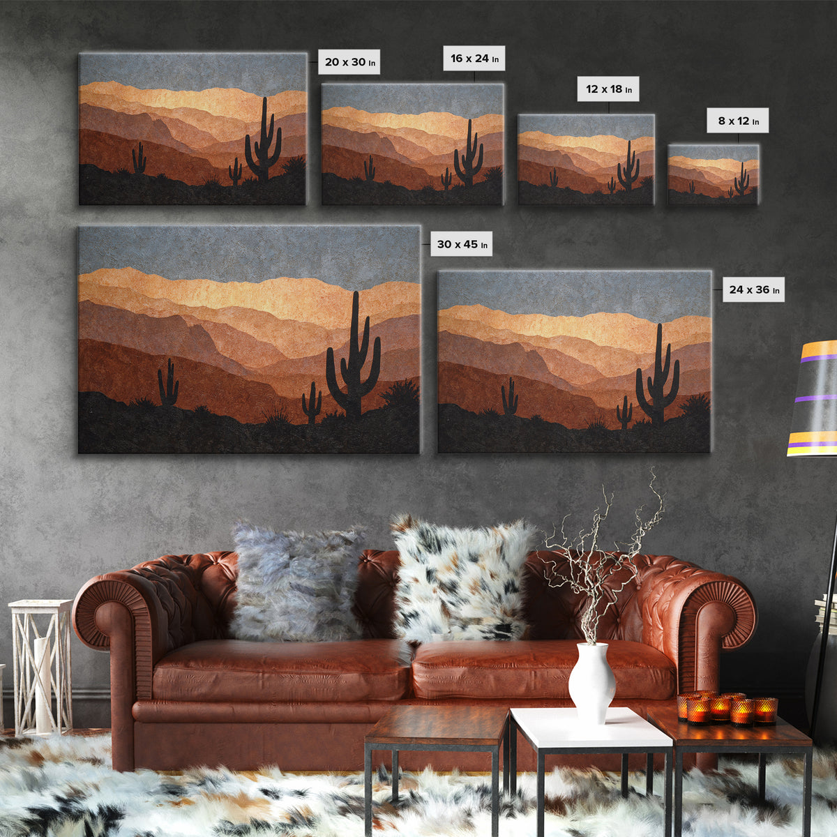 Monochrome Desert Cactus Silhouette Framed Canvas Print, Black and White Art, Luxury Decor, Living Room Decor, Monochrome, BAW-3x2-97