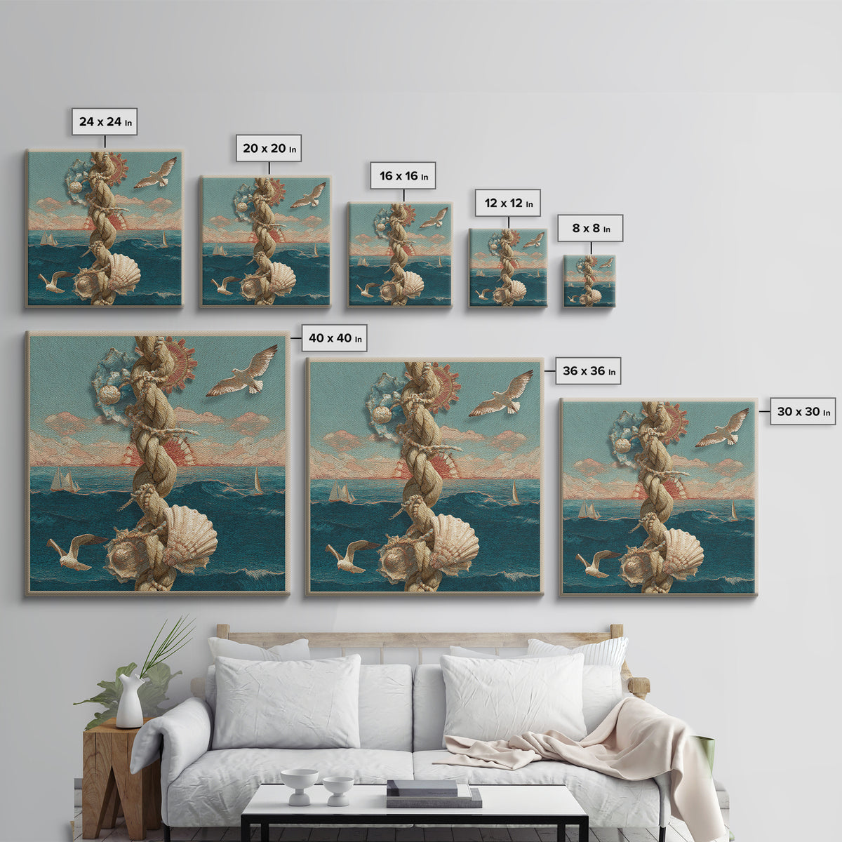 Nautical Rope and Shell Still Life Canvas Print, Beach Art, Modern Art, Coastal Decor, Fine Art, Shore, Luxury Decor, BEA-1x1-17