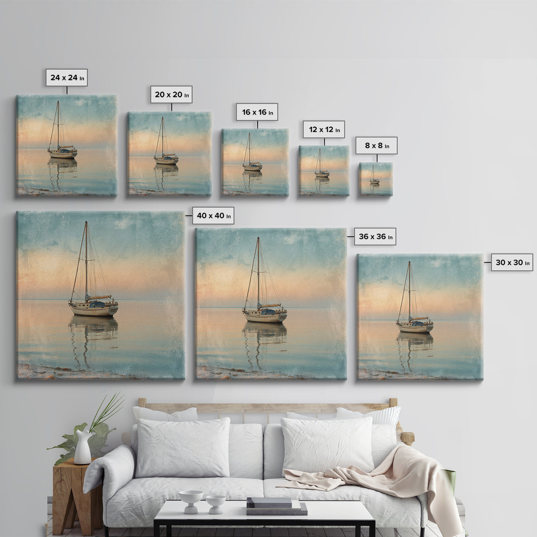 Sunset Sailboat Silhouette on Calm Water Canvas Print, Beach Art, Modern Art, Coastal Decor, Oil Painting, Shore, Luxury Decor, BEA-1x1-30